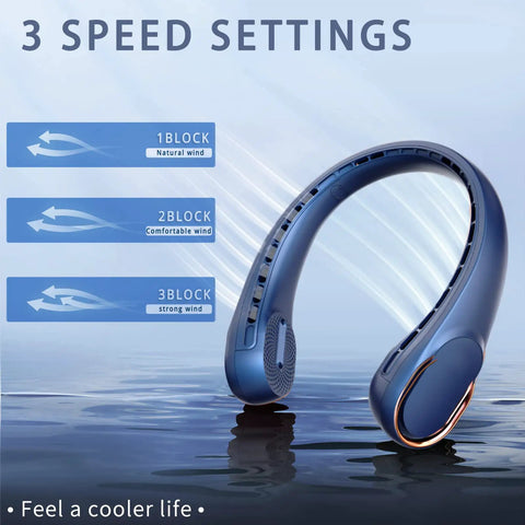 Bladeless Neck Fan With 4000mAh USB Rechargeable Battery 3 Speeds Ultra Quiet Personal Cooler showing speed settings chart