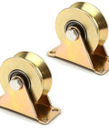 Heavy Duty 4 Inch V Groove Caster Wheel Set For Square Metal Tracks Packing Serious 1765 Lb Capacity Per Wheel Rust Proof Galvanized Steel Pulleys 2 Pack side view of two sturdy gold caster wheels