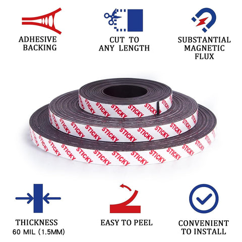Magnetic Tape Strips Roll With Adhesive Backing For Lightweight DIY Projects And Fridge Or Whiteboard Organization, 60 mil thick