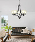 Dope Modern Farmhouse 5 Light Black Chandelier For Dining Room Kitchen And Living Room with frosted glass in living area.