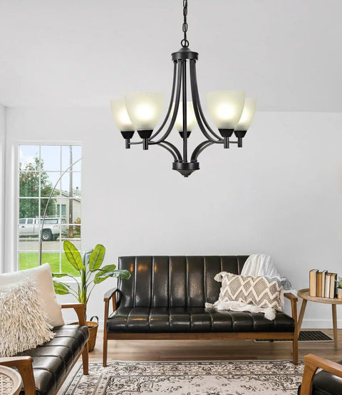 Dope Modern Farmhouse 5 Light Black Chandelier For Dining Room Kitchen And Living Room with frosted glass in living area.