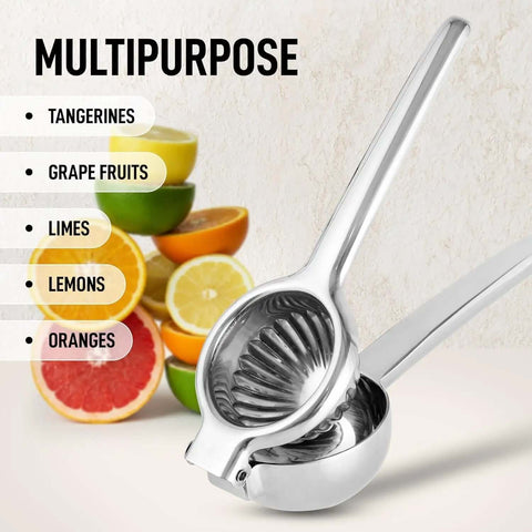 Go-To Stainless Steel Lemon Squeezer, Heavy Duty Manual Citrus Press And Lime Juicer with fruit slices, rust free and durable.