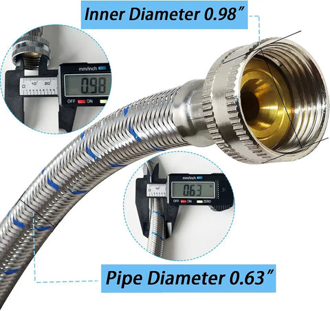 Close-up of braided washing machine hose with steel connector showing diameters, part of Two Pack Ten Foot Washing Machine Hoses.