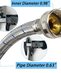 Close-up of Two Pack 15 Feet Stainless Steel Washing Machine Hoses showcasing inner and pipe diameter measurements.