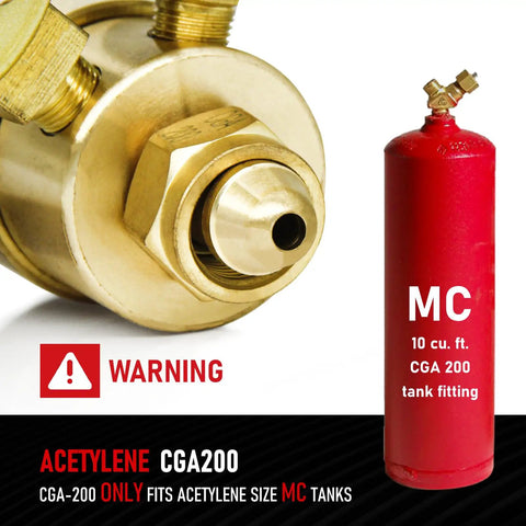 CGA-200 acetylene regulator with inlet and MC tank, featuring fitting warning for acetylene size MC tanks, dual output.