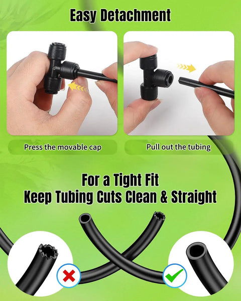 Demonstrating easy detachment of 1/4" drip irrigation tee fittings, highlighting leakproof quick-connect design.