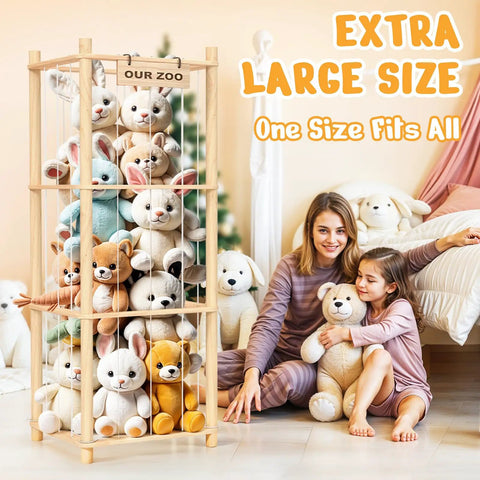Stuffed Animals Storage Organizer For Kids Rooms Wooden Zoo Toy Holder For Toddlers Playrooms And Bedrooms Cute Animal Cubbies Space Saving Design With Open Front For Easy Access showing large size stuffed animals with mother and child.
