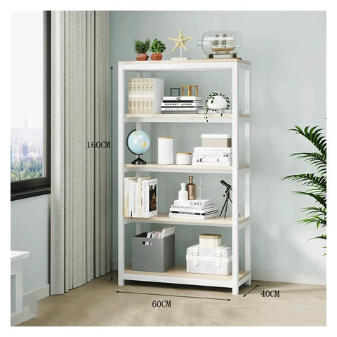 Heavy Duty Multi Layer Bookshelf Floor Rack Steel Wood Stand Living Room Storage Home Decor with potted plants and books.