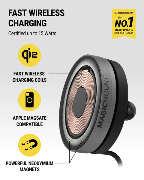Qi2 Wireless MagSafe Car Charger Mount With 15W Magnetic Phone Holder For AMPS Plate And ProClip Vehicle Mount Bases, close-up view