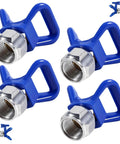 4-pack of 7/8 Inch RAC X Hand Tight Tip Guards with Blue Base for Graco Spray Equipment, shown in stainless steel.