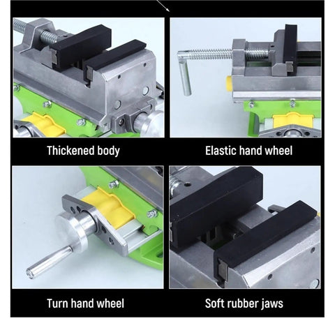 Two In One Aluminum Drill Press Cross Vise Clamp with thickened body, elastic hand wheel, and soft rubber jaws