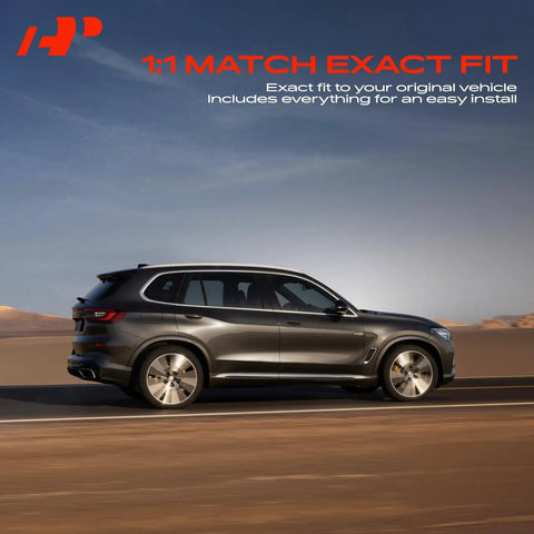 SUV driving in a desert with text overlay about exact fit, related to Upgraded Aluminum Engine Coolant Thermostat Housing Assembly.