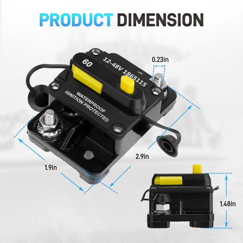 Solid 60 Amp Circuit Breaker For Rig And Marine Setup With Top Shelf IP67 Waterproof Housing heavy-duty dimensions shown from the side.