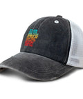 Men's Vintage Trucker Cap With Adjustable Buckle One Size Fits Most, black cap with white mesh back and colorful text on front.