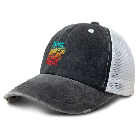 Men's Vintage Trucker Cap With Adjustable Buckle One Size Fits Most, black cap with white mesh back and colorful text on front.