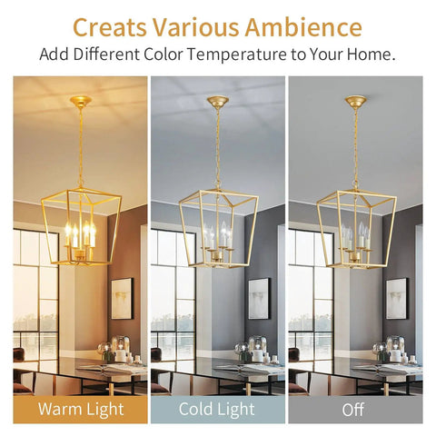 Vintage Lantern Pendant Light 4 Light Chandelier in gold shown with warm, cold, and off lighting over dining room table.