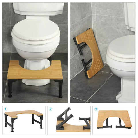 Foldable Adjustable Toilet Stool With Non Slip Layer 7 8 9 Inch Heights Squat Position For Easier Pooping Doctor Recommended Gut Health Boost For Adults Kids Pregnant Women And Seniors shown open and folded beside toilet