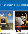JUDYSSY Led Floodlight 50W Rechargeable Solar Work Light showing solar panel for day charging and light activation at night.
