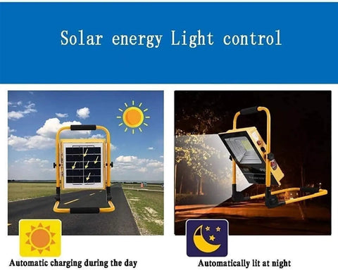 JUDYSSY Led Floodlight 50W Rechargeable Solar Work Light showing solar panel for day charging and light activation at night.