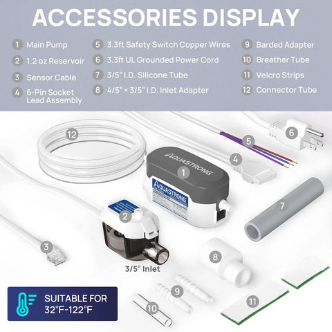 Accessories display for High Performance Condensate Pump For Air Conditioners, Furnaces And Dehumidifiers With Auto Safety Switch