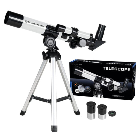 Beginner Kids Telescope With Built In Compass For Super Easy Space Watching And Terrestrial Clues, Refractor Astronomical Scope, 100x Magnification, 400mm Focal Length, Finderscope, Durable Aluminum Tube on tripod with accessories