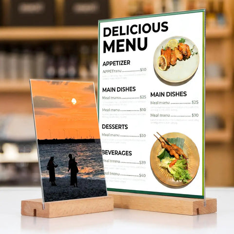 5x7 Inch Acrylic Sign Holder With Beech Wood Base For Vertical Or Slant Back Desk Display with sunset photo and menu