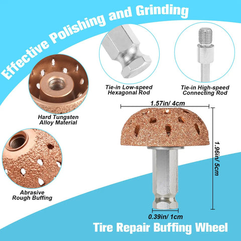 Heavy Duty Tire Patch Kit With 32mm, 45mm And 58mm Patches, Patch Roller, 42mm Buffing Wheel featuring tungsten buffing wheel and rods
