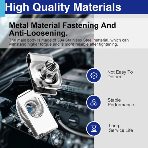 Twenty Piece 5 16 Inch 18 Thread Extruded U Clip Nuts 304 Stainless Steel Fasteners for metal fastening in auto applications.