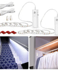 Motion Sensor LED Strip Lights With Rechargeable Battery And USB Removable Control Box Auto On Up To 10 Feet In The Dark Auto Off After 20 Seconds 60 LEDs 6.56 Feet 2 Pack 6000K White Battery Powered Closet Pantry Cabinet Night Light shown installed under stairs and in a cabinet.