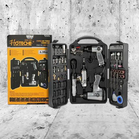 Killer 71 Piece Air Tool Set Featuring Badass 1/2 Inch Single Hammer Impact Wrench And Rapid Fire Air Ratchet Wrench With Tough Blow Molded Case for workshop tasks.