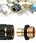 Universal Three Quarter Inch Garden Hose Quick Connect Fittings Set with brass and black components on white background