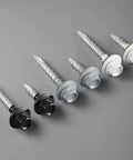 Heavy Duty Number 10 X 1 Inch Metal Roofing Screws Pack Of 80 Black Rustproof Hex Heads With Seamless Neoprene Washers in black and gray colors.