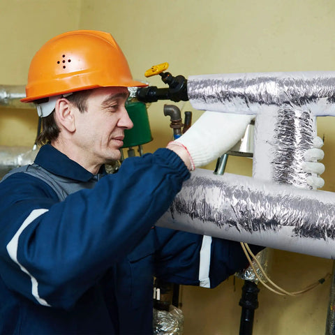 Worker installing Double Bubble Reflective Foil Insulation Roll 16.5 Inch Wide By 15 Feet Long Aluminum Foam on pipes