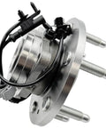 Front Wheel Hub And Bearing Assembly For 2007 2014 GM Full Size SUVs And Trucks 4WD Bolt On Direct Fit Including Escalade Suburban Tahoe Yukon Silverado 1500 Avalanche Sierra, side view showing mounting bolts and wiring.