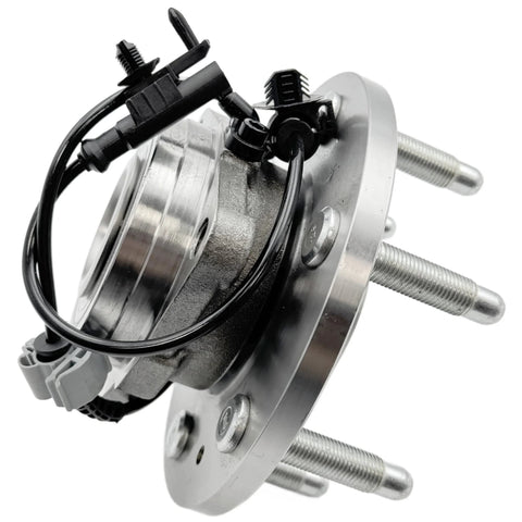 Front Wheel Hub And Bearing Assembly For 2007 2014 GM Full Size SUVs And Trucks 4WD Bolt On Direct Fit Including Escalade Suburban Tahoe Yukon Silverado 1500 Avalanche Sierra, side view showing mounting bolts and wiring.
