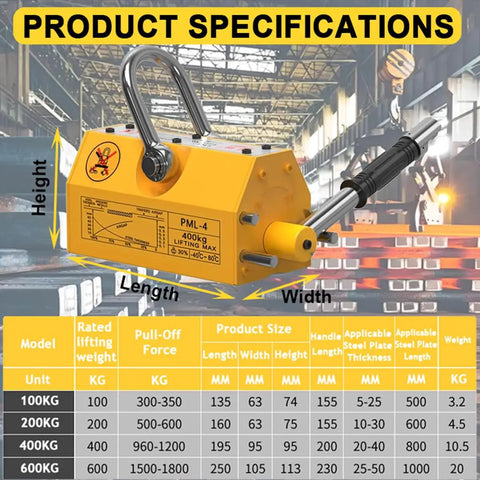 Industrial Grade Permanent Lifting Magnet With Easy Release Lever, Badass Steel Grapple For Shop Cranes And Hoists, No Sweat Handling Up To Two Thousand Kilogram Loads specifications chart showing dimensions and lifting capabilities.