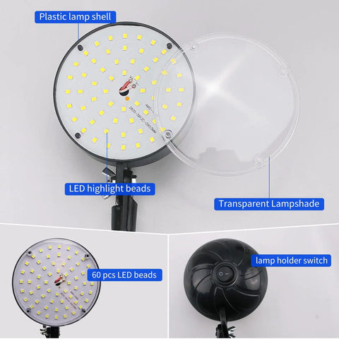 Magnetic 2000 Lumen LED Work Light With Flexible Base showing 60 LED beads, round plastic lampshade, and lamp holder switch.