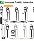Diagram of the Low Voltage LED Landscape Lights Kit 4 Pack With Transformer Plug In 12V Warm White Spotlight For Backyard Pathway Tree Poolside IP65 Waterproof Outdoor Lighting Easy Install With Stakes And Cables showing dimensions and components.