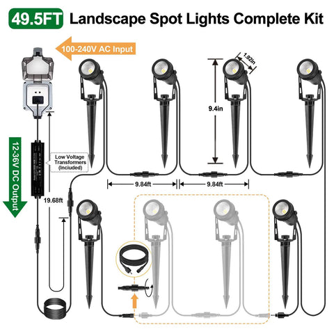 Diagram of the Low Voltage LED Landscape Lights Kit 4 Pack With Transformer Plug In 12V Warm White Spotlight For Backyard Pathway Tree Poolside IP65 Waterproof Outdoor Lighting Easy Install With Stakes And Cables showing dimensions and components.