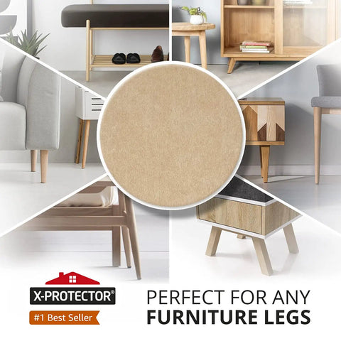 Heavy Duty Felt Furniture Pads For Hardwood Floors, Ultra Thick Protective Shields That Stop Scratches Cold, Reusable Beige Cutting Sheets, 10 Pack stylishly displayed under various furniture legs.