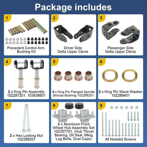 Golf Cart Front End Repair Kit For 2004 Up Club Car Precedent Gas And Electric Including parts like bushings, clevis, and wave washers