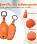 Premium Genuine Leather Key Fob Cover For Tesla Model X With Dead On Fit And Buttery Soft Texture Providing Slick Protection Plus Attached Heavy Duty Keychain Accessory, featuring orange litchi grain leather with smooth edges.