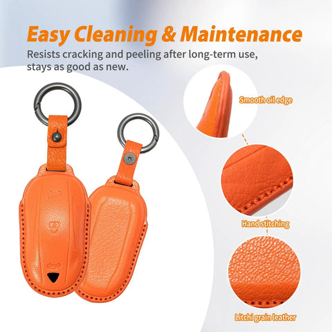 Premium Genuine Leather Key Fob Cover For Tesla Model X With Dead On Fit And Buttery Soft Texture Providing Slick Protection Plus Attached Heavy Duty Keychain Accessory, featuring orange litchi grain leather with smooth edges.
