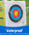 Heavy Duty Archery Target Paper For Compound Bow Practice Waterproof Non Woven Pro Grade Competition Standard Target Sheets Range Ready In 40 Cm 60 Cm 80 Cm Sizes Includes 10 Rings Per Target And A 10 Pack For Outdoor Range with water droplets showcasing waterproof feature.