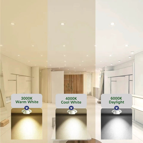 LED Recessed Ceiling Lights Kit, 12 Pack, Easy Install Downlights With Junction Box shown in 3000K, 4000K, 6000K settings.