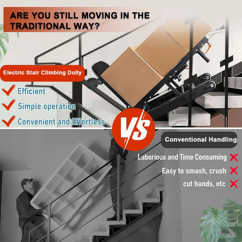 Comparison of Upgraded 800W Electric Stair Climber With Removable 48V Battery and Extended Tracks versus traditional moving methods.