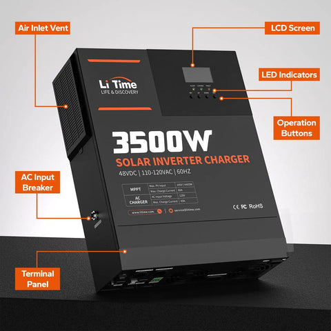 All In One 3500W Pure Sine Wave Inverter Charger With 48V Dc To 120V Ac Output, Plug And Play 80A Mppt Solar Controller, detailed view of controls and panel.