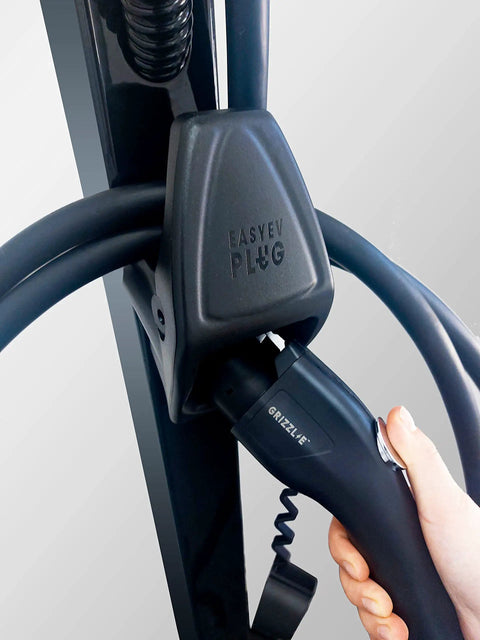 Badass Heavy Duty EV Charger Holster With Integrated Cable Management For J1772 Plug Station holding a Grizzle plug.