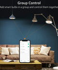 Living room setup with Dope RGB Color Changing WiFi Smart Light Bulbs 3 Pack 7W E26 A19 LED Bulbs For Alexa Google Home Siri, app shown on phone