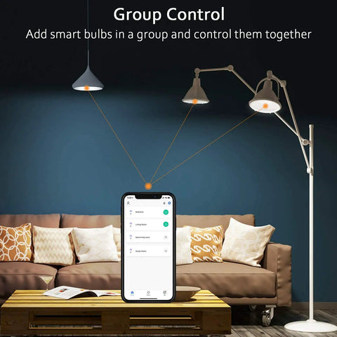 Living room setup with Dope RGB Color Changing WiFi Smart Light Bulbs 3 Pack 7W E26 A19 LED Bulbs For Alexa Google Home Siri, app shown on phone